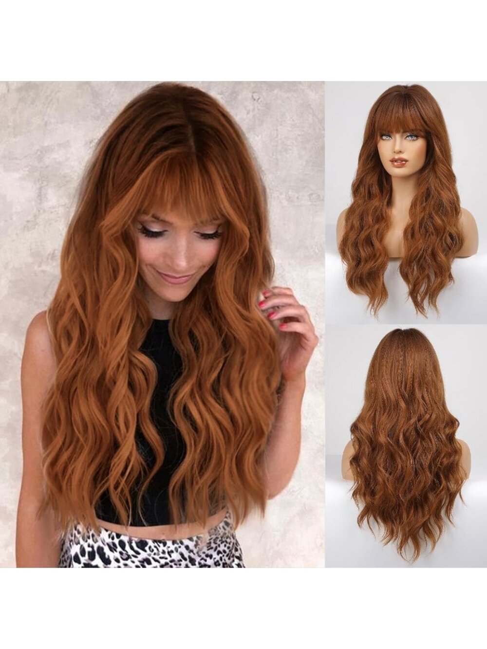 Women's Ombre Auburn Heat Resistant Long Curly Wavy Synthetic Wig Bang Size 26In